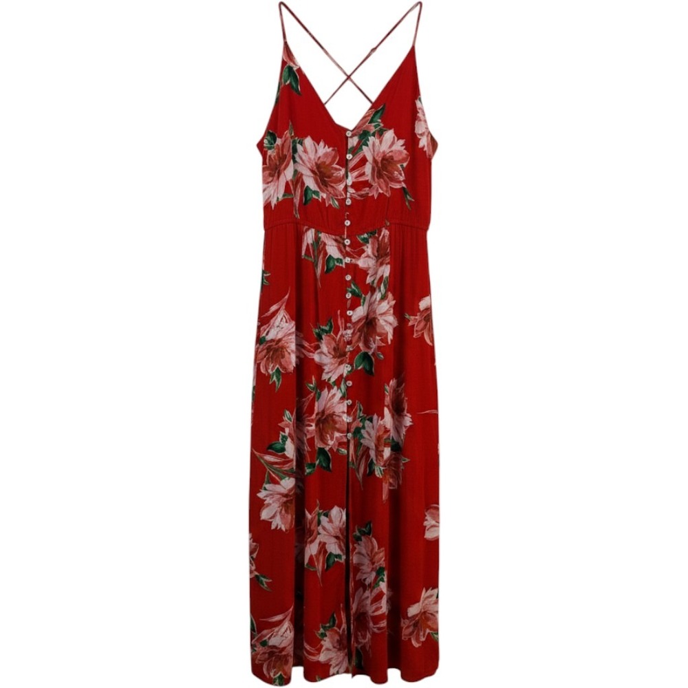 Rush Women's L Red Floral Sun Dress Button Front Tropical Resortwear Vacation